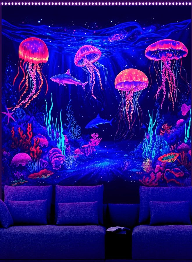AOHMPT Blacklight Tapestry, UV Reactive Blacklight Poster, Jellyfish Tapestry, Whale Undersea World Tapestries, Dolphin Wall Art for Bedroom, Bedroom and Living Room Wall Decoration 79L x 59W - Image 1